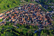 City wall, old town and market square from the south in Röttingen in the state Bavaria, Germany