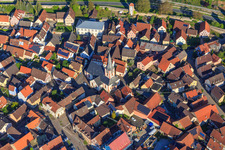 Aerial photograpy of St. Kilian's Church in the village center in Röttingen in the state Bavaria, Germany