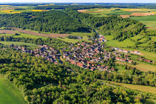 Village view in the lovely Taubertal in the morning from the northwest in the district Archshofen in Creglingen in the state Baden-Wuerttemberg, Germany