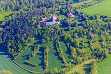 Aerial view of Brauneck Castle with photovoltaic roof in the district Niedersteinach in Creglingen in the state Baden-Wuerttemberg, Germany