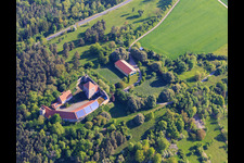 Brauneck Castle with photovoltaic roof in the district Niedersteinach in Creglingen in the state Baden-Wuerttemberg, Germany from above