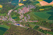 Overview of the Tauber Valley in the morning from the southeast in the district Zimmern in Grünsfeld in the state Baden-Wuerttemberg, Germany