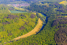 Mowed riverside meadows in the lovely Tauber valley from the south in the district Niklashausen in Werbach in the state Baden-Wuerttemberg, Germany