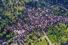 View of the village below the castle of the same name from the west in the district Gamburg in Werbach in the state Baden-Wuerttemberg, Germany
