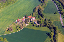 Aerial view of Eulschirben district in the lovely Tauber valley from the southeast in the district Gamburg in Werbach in the state Baden-Wuerttemberg, Germany