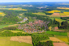 Aerial view of Village view in the lovely Taubertal from the south in the district Reicholzheim in Wertheim in the state Baden-Wuerttemberg, Germany