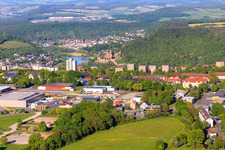 View from the Wartberg to the castle over the Main and Tauber in the district Reinhardshof in Wertheim in the state Baden-Wuerttemberg, Germany
