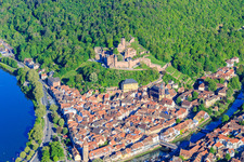 Aerial view of Castle Burg Wertheim above the old town with Main and Tauber in Wertheim in the state Baden-Wuerttemberg, Germany
