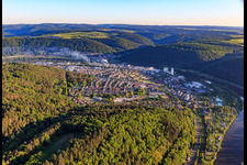 Aerial view of View from the south in a loop of the Main in the district Bestenheid in Wertheim in the state Baden-Wuerttemberg, Germany