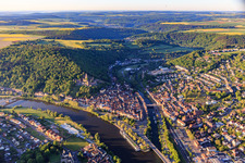 Aerial view of Tauber estuary into the Main below Burg Castle Wertheim above the old town in Wertheim in the state Baden-Wuerttemberg, Germany