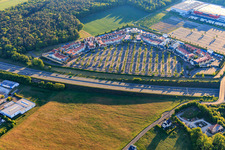 Aerial view of Outlet Wertheim Village with adidas Outlet Store Wertheim, Nike Factory Store and AIGNER Outlet Wertheim in the district Bettingen in Wertheim in the state Baden-Wuerttemberg, Germany