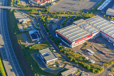 Almosenberg industrial area with Art of Chocolate Wertheim and WAREMA Sun Forum in the district Bettingen in Wertheim in the state Baden-Wuerttemberg, Germany