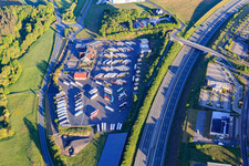 Aerial view of MAXI truck stop Wertheim on the A3 in the district Bettingen in Wertheim in the state Baden-Wuerttemberg, Germany