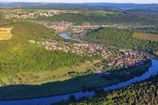 View of the town on the Main from the east in the district Eichel in Wertheim in the state Baden-Wuerttemberg, Germany