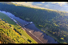 Aerial view of Eichel am Main hydroelectric power plant in Kreuzwertheim in the state Bavaria, Germany