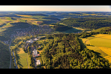 View of the town from the north in the morning with the industrial area Zum Schlag with Rekuplast GmbH, Uebe Medical GmbH and TFA Dostmann GmbH & Co. KG in the district Reicholzheim in Wertheim in the state Baden-Wuerttemberg, Germany