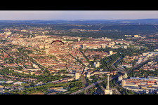 City view from the west with paraglider in the district Mühlburg in Karlsruhe in the state Baden-Wuerttemberg, Germany
