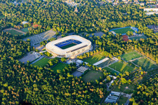 Aerial photograpy of Football stadium BBBank Wildpark of the KSC - Karlsruher Sport-Club in the district Innenstadt-Ost in Karlsruhe in the state Baden-Wuerttemberg, Germany