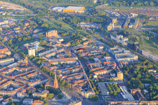 St. Bernhard Church on Durlacher Allee and Gottesauer Straße with paraglider in the district Oststadt in Karlsruhe in the state Baden-Wuerttemberg, Germany