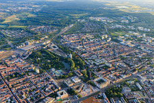 City overview from the north with Zoological City Garden on Ettlinger Straße in the district Südweststadt in Karlsruhe in the state Baden-Wuerttemberg, Germany