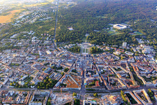 City overview from the south with Kriegstraße and Karl-Friedrich-Straße up to the castle in the district Innenstadt-West in Karlsruhe in the state Baden-Wuerttemberg, Germany