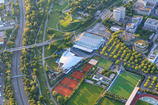 Mount Klotz, Europabad Karlsruhe and Europahalle in the district Südweststadt in Karlsruhe in the state Baden-Wuerttemberg, Germany