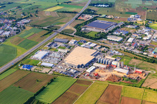 Industrial area on the A5 with Bracchi Deutschland Transport & Logistik GmbH, Krämer MEGA STORE Ettenheim, JRS Holzenergie HEW GmbH & Co. KG, and Ernst-Caravan- u. Freizeit-Center GmbH in the district Orschweier in Mahlberg in the state Baden-Wuerttemberg, Germany
