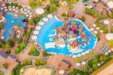 Aerial view of Svalgurok, Spiralrok - spiral slide and Slalomrok - wild slalom slide in Rulantica in Europapark Rust in Rust in the state Baden-Wuerttemberg, Germany