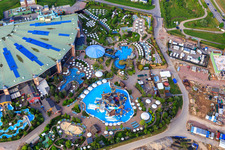 Aerial photograpy of Svalgurok, Spiralrok - spiral slide and Slalomrok - wild slalom slide in Rulantica in Europapark Rust in Rust in the state Baden-Wuerttemberg, Germany