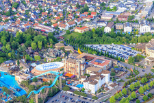 Aerial view of Atlantica SuperSplash, Spanish Arena, 4-star castle hotel "Castillo Alcazar" and 4-star theme hotel "El Andaluz" of Europapark Rust in Rust in the state Baden-Wuerttemberg, Germany