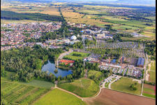 View of Europapark Rust from the north behind the bathing lake Rust (Allmendsee) - OG31 in Rust in the state Baden-Wuerttemberg, Germany