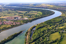 Aerial view of Rhinau-Kappel ferry across the Rhine in the district Rheinau in Ortenaukreis in the state Baden-Wuerttemberg, Germany