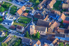 Church and town hall in the village center in Hessenheim in the state Bas-Rhin, France