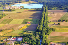 Aerial view of Gravel lake of the Ballastieres Werny SAS in Marckolsheim in the state Bas-Rhin, France