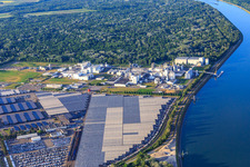 Aerial view of Industrial and Port Zone with industrial facilities on the Rhine belonging to Jungbunzlauer SA and TEREOS Starch & Sweeteners Europe in front of the CEVA Logistics car warehouse in Marckolsheim in the state Bas-Rhin, France