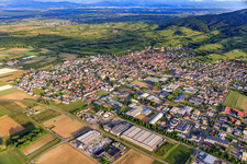 City overview from the northwest with Adval Tech (Germany) GmbH & Co. KG and Dinger Stone GmbH in Endingen am Kaiserstuhl in the state Baden-Wuerttemberg, Germany