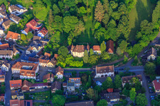 Aerial photograpy of View of the wine-growing village with the castle and castle park from the west in the district Heimbach in Teningen in the state Baden-Wuerttemberg, Germany