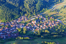 View of the wine-growing village from the north with the church of St. Hilarius in the district Bleichheim in Herbolzheim in the state Baden-Wuerttemberg, Germany