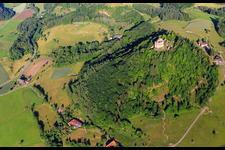 Oblique view of Castle ruins Hohengeroldseck on the Schloßberg from the south in Seelbach in the state Baden-Wuerttemberg, Germany