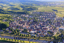City view beyond the Leopold Canal from the east in Riegel am Kaiserstuhl in the state Baden-Wuerttemberg, Germany