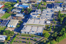 Aerial view of Industrial area on the old Dreisam with Otto Männer GmbH and Maier Küchen GmbH in Bahlingen am Kaiserstuhl in the state Baden-Wuerttemberg, Germany