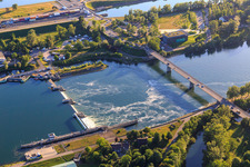 Weir in the Rhine and bridge for the B31 over the Rhine to the Rhine island in Breisach am Rhein in the state Baden-Wuerttemberg, Germany