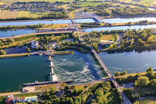 Aerial view of Weir in the Rhine and bridge for the B31 over the Rhine to the Rhine island in Breisach am Rhein in the state Baden-Wuerttemberg, Germany