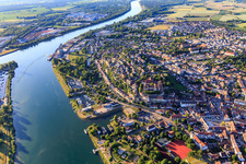 City overview on the Rhine bank from the southwest in Breisach am Rhein in the state Baden-Wuerttemberg, Germany