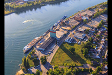 Hafenstraße on the Rhine with Breisach warehouse in Breisach am Rhein in the state Baden-Wuerttemberg, Germany