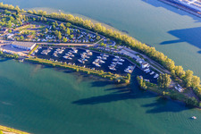 Aerial view of Port de plaisance - Fuchs Hafen - Marina sur l'Île du Rhin: Yacht harbor of the Nautic Club Ile Du Rhin on the Rhine in Biesheim in the state Haut-Rhin, France