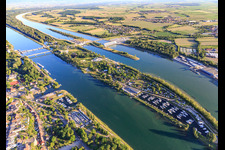 Rhine island with lock, Rhine bridge, marina in Vogelgrun in the state Haut-Rhin, France