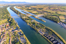 Rhine island between Breisach and Vogelgrün with lock, Rhine bridge, marina in Breisach am Rhein in the state Baden-Wuerttemberg, Germany