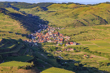 Aerial view of Wine-growing village in the Kaiserstuhl from the west in the district Oberrotweil in Vogtsburg im Kaiserstuhl in the state Baden-Wuerttemberg, Germany