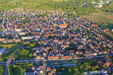 View of the town beyond the railway line from the west in Ringsheim in the state Baden-Wuerttemberg, Germany